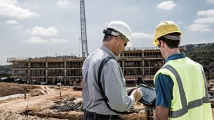 deux ouvriers consultant une tablette sur un chantier